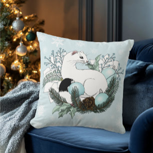 White Ermine Blue Christmas Snowflakes  Cushion