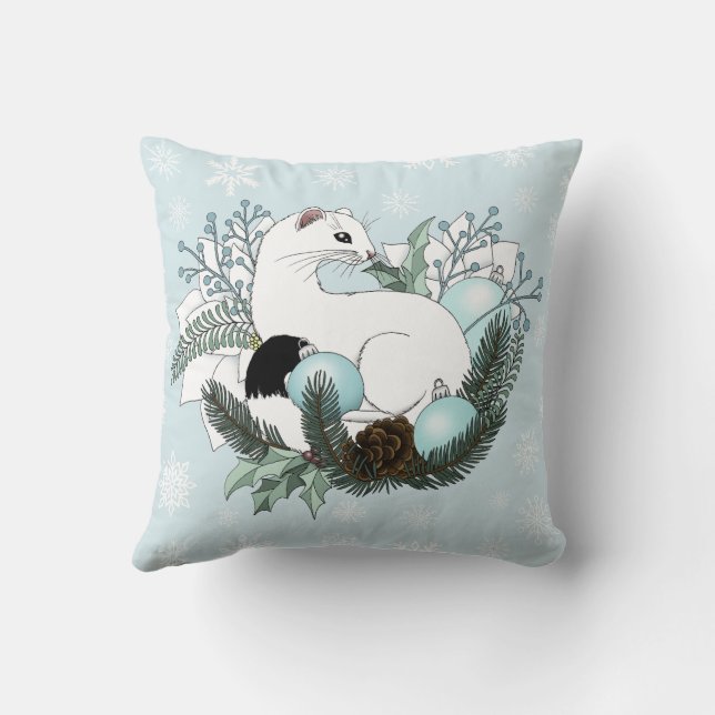 White Ermine Blue Christmas Snowflakes  Cushion (Back)