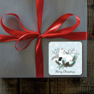 White Ermine Blue Christmas Snowflakes Square Sticker