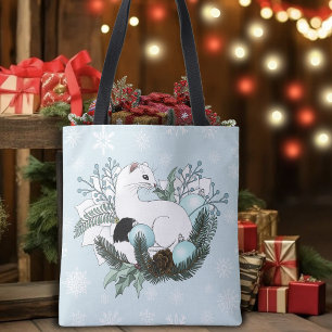 White Ermine Blue Christmas Snowflakes Tote Bag