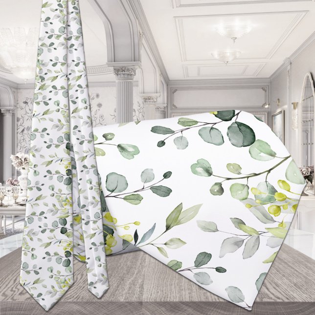 White Eucalyptus Greenery Wedding Small Pattern Tie (Creator Uploaded)