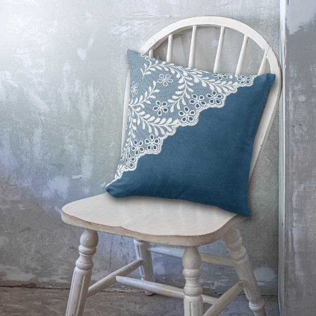 White Eyelet Faux Lace Corner on Blue Cushion (Creator Uploaded)