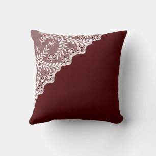 White Eyelet Lace Corner Maroon Red Cushion