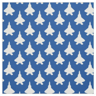 White F-22 Raptor Fighter Jet Pattern on Blue Fabric