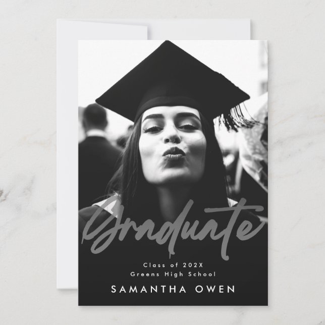 White Fade Brush Graduate Modern Script Photo Announcement (Front)