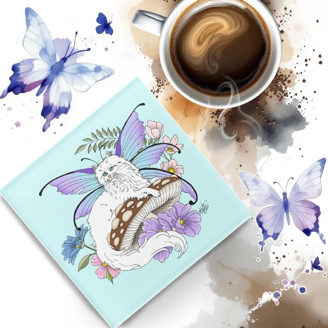 White Fairy Cat Mushroom Glass Coaster (Creator Uploaded)