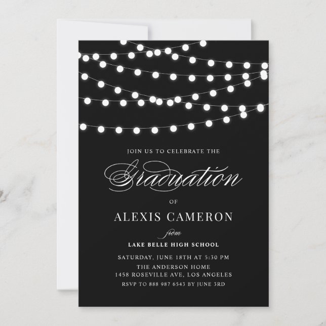 White Fairy Lights Black Graduation Party Invitation (Front)
