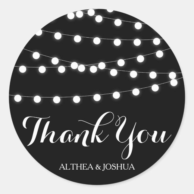 White Fairy Lights | Black Thank You Stickers (Front)
