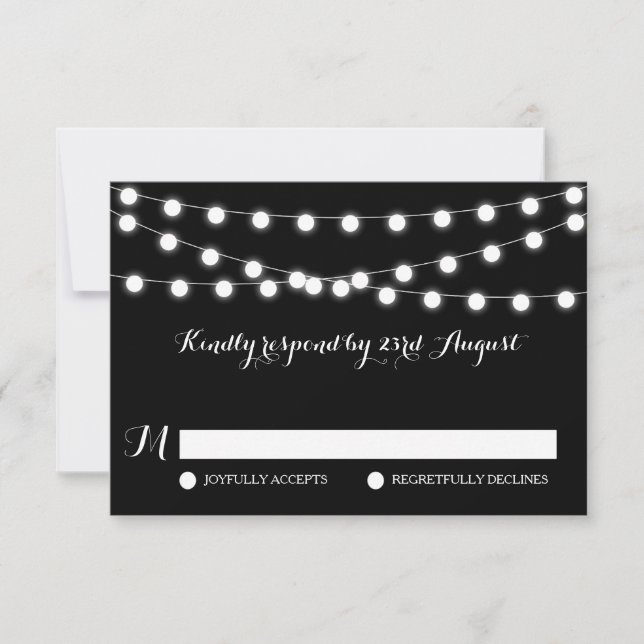 White Fairy Lights | Black Wedding RSVP Card (Front)