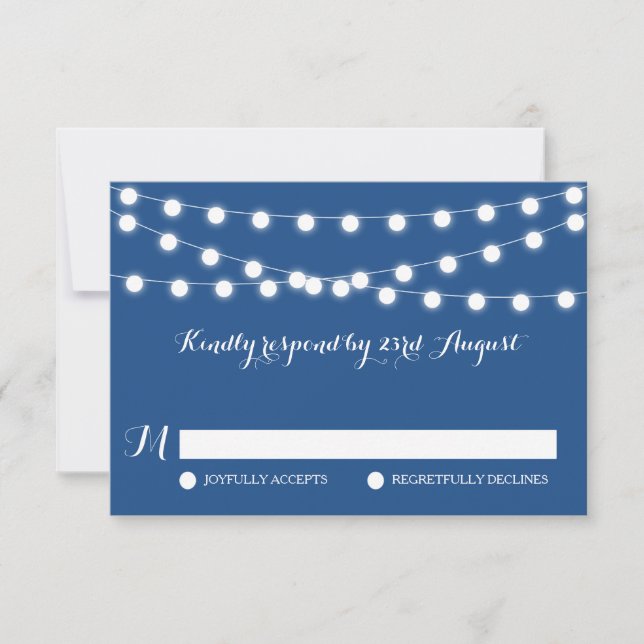 White Fairy Lights | Blue Wedding RSVP Card (Front)