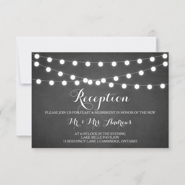 White Fairy Lights Chalkboard Reception Card (Front)