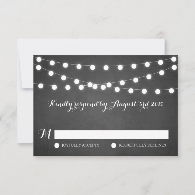 White Fairy Lights Chalkboard Wedding RSVP Card (Front)