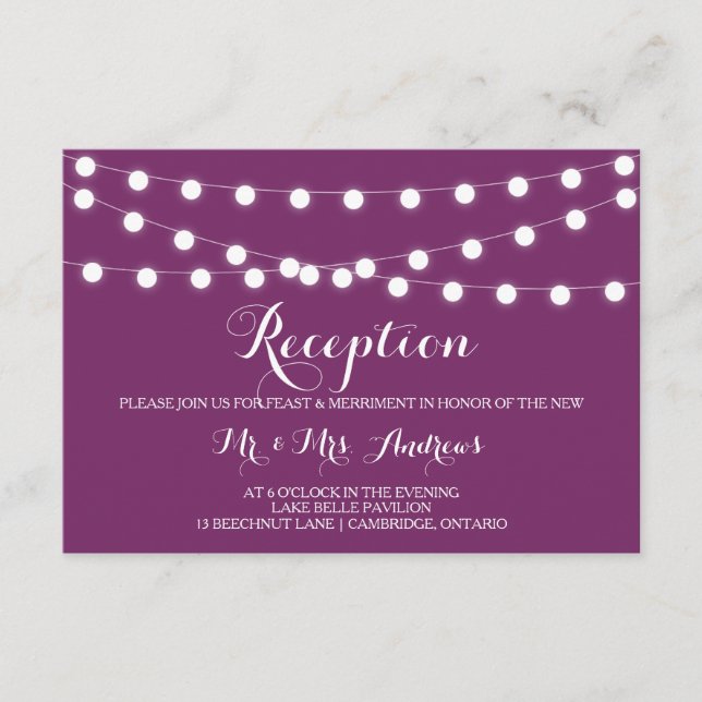 White Fairy Lights | Purple Wedding Reception Card (Front)