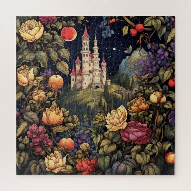 White fairytale castle night full moon flowers jigsaw puzzle (Vertical)