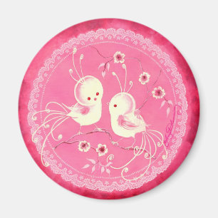 White Fantasy Birds with Flowers & Lace Border Magnet
