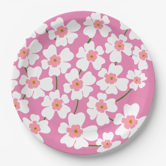 White Fantasy Flower Lover Pattern Pink   Paper Plate (Front)