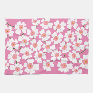 White Fantasy Flower Lover Pattern Pink   Tea Towel