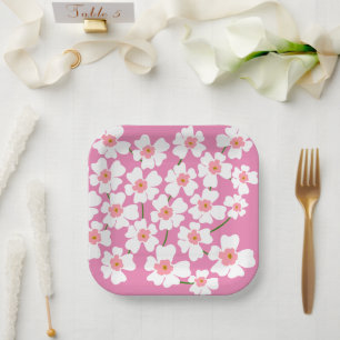 White Fantasy Flower Lover Pattern Pink Wedding Paper Plate