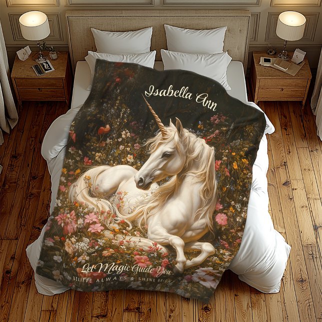 White Fantasy Forest Unicorn Laying in the Flowers Fleece Blanket (Creator Uploaded)