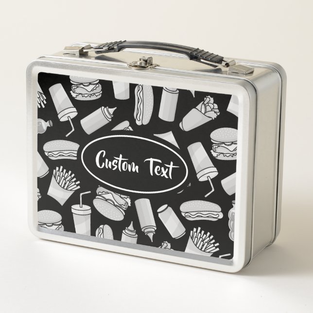 White Fast Food Icons Pattern Metal Lunch Box (Front)