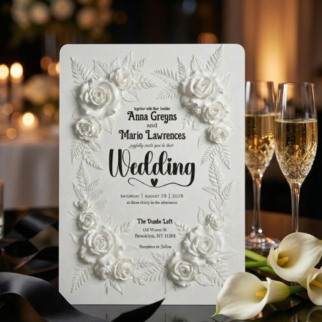 White Faux Bas Relief Floral Wedding Invitation (Creator Uploaded)
