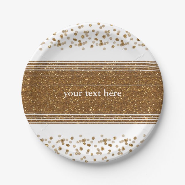 White Faux Brushed Gold Glitter Party Plates (Front)