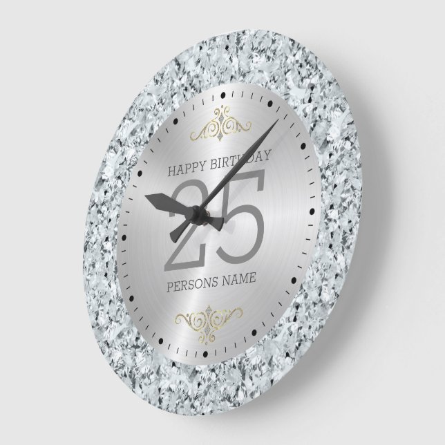 White faux diamonds 25th birthday large clock (Angle)
