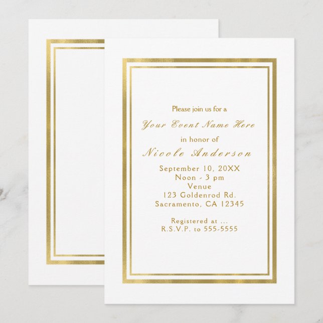 White & Faux Foil Gold Chic Elegant Invitations (Front/Back)