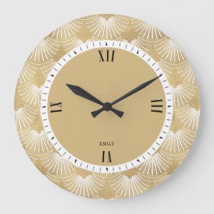 White & Faux Gold Art-Deco Pattern Large Clock
