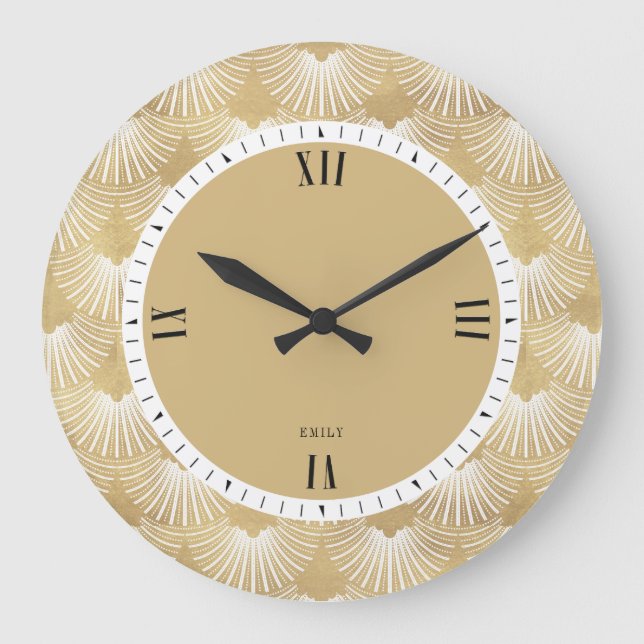 White & Faux Gold Art-Deco Pattern Large Clock (Front)