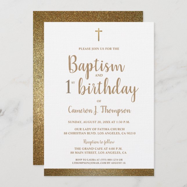 White Faux Gold Cross Baptism and 1st birthday  Invitation (Front/Back)