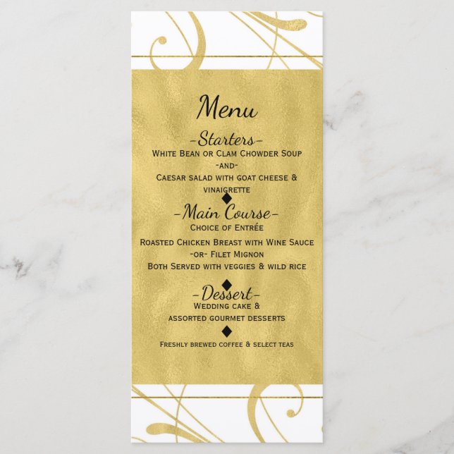 White & Faux Gold Floral Swirl Chic Wedding Menu (Front)