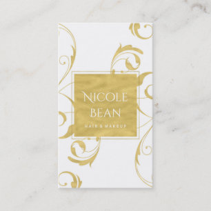 White & Faux Gold Floral Swirl Elegant Business Card