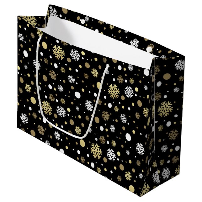 White Faux Gold Snowflakes Polkadots On Black Large Gift Bag (Front Angled)
