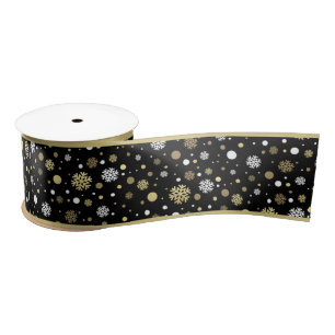 White Faux Gold Snowflakes Polkadots On Black Satin Ribbon