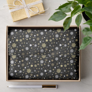 White Faux Gold Snowflakes Polkadots On Black Tissue Paper