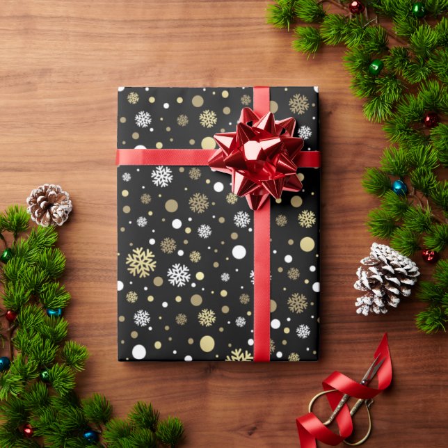 White Faux Gold Snowflakes Polkadots On Black Wrapping Paper (Holiday Gift)