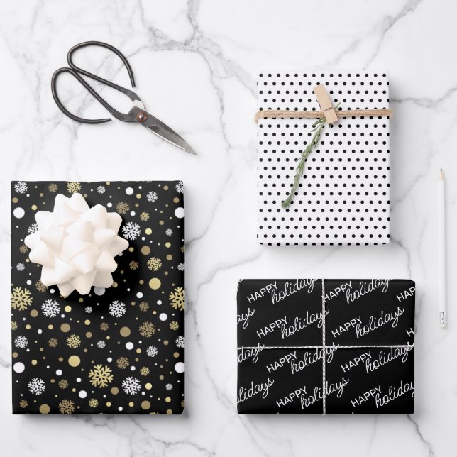 White Faux Gold Snowflakes Polkadots On Black Wrapping Paper Sheet (Front)