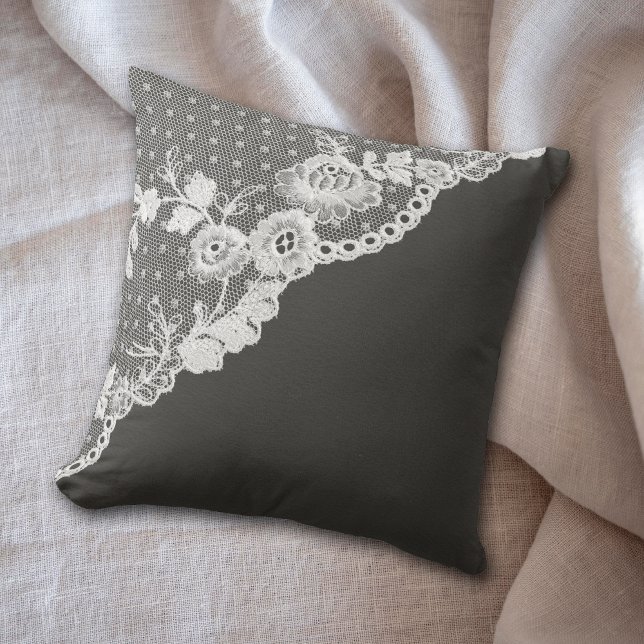 White Faux Lace Corner Charcoal Grey Cushion (Creator Uploaded)