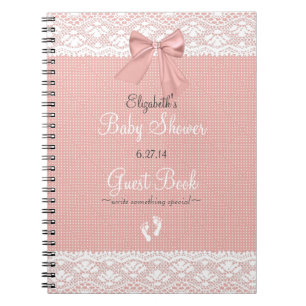 White Faux Lace Peach Bow Baby Shower Guest Book- Notebook