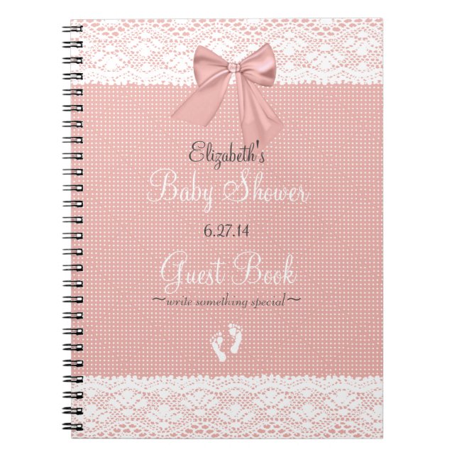 White Faux Lace Peach Bow Baby Shower Guest Book- Notebook (Front)