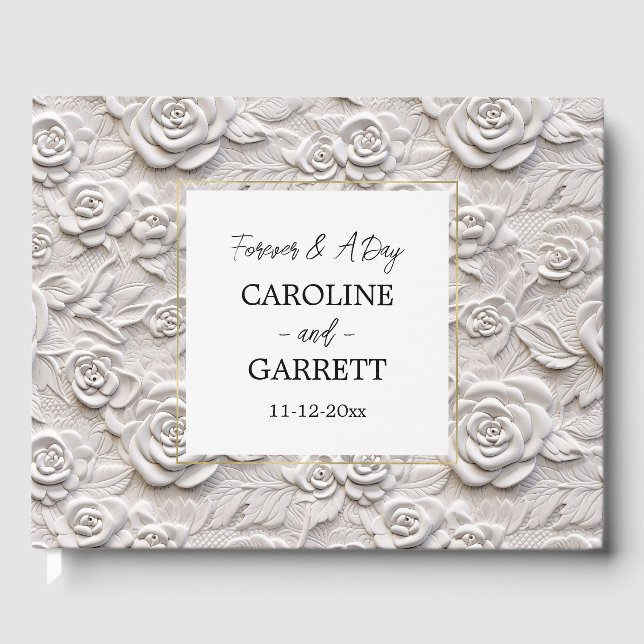 White Faux Leather Roses Floral Wedding Guest Book (Front)