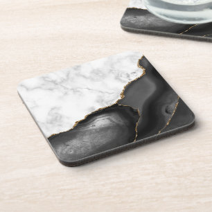 White Faux Marble Black Agate Gold Glitter Coaster
