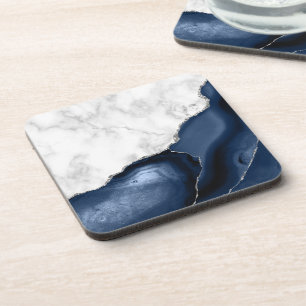 White Faux Marble Navy Blue Agate Silver Glitter Coaster