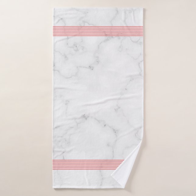 White faux marble pink stripes bath towel set (Bath Towel)