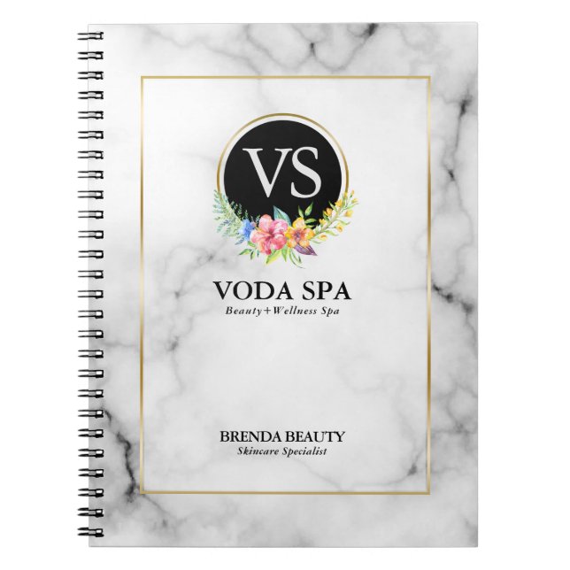 White faux marble tropical flowers accent logo notebook (Front)