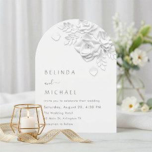 White Faux Relief Floral Roses Minimalist Wedding Invitation