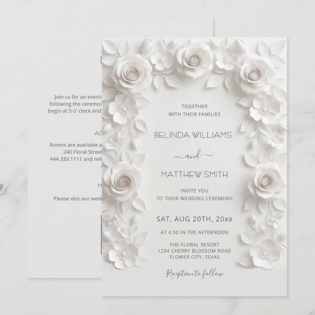 White Faux Relief Roses Frame All-in-One Invitation (Front/Back)