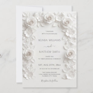White Faux Relief Roses Frame Wedding Minimalist Invitation