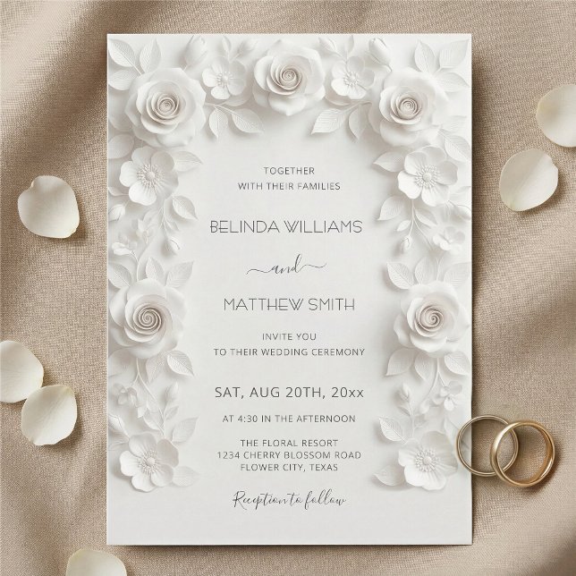 White Faux Relief Roses Frame Wedding Minimalist Invitation (Creator Uploaded)